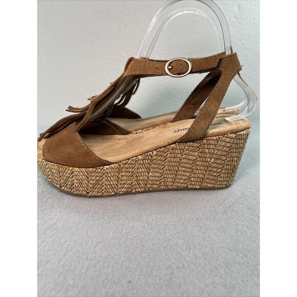 Minnetonka Wedge Platform T Strap Suede Sandal Size 7 Brown Fringe Espadrille - Picture 2 of 10